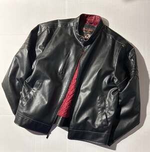 Brave Soul Men's Faux Leather Biker Jacket with Quilted Red Lining